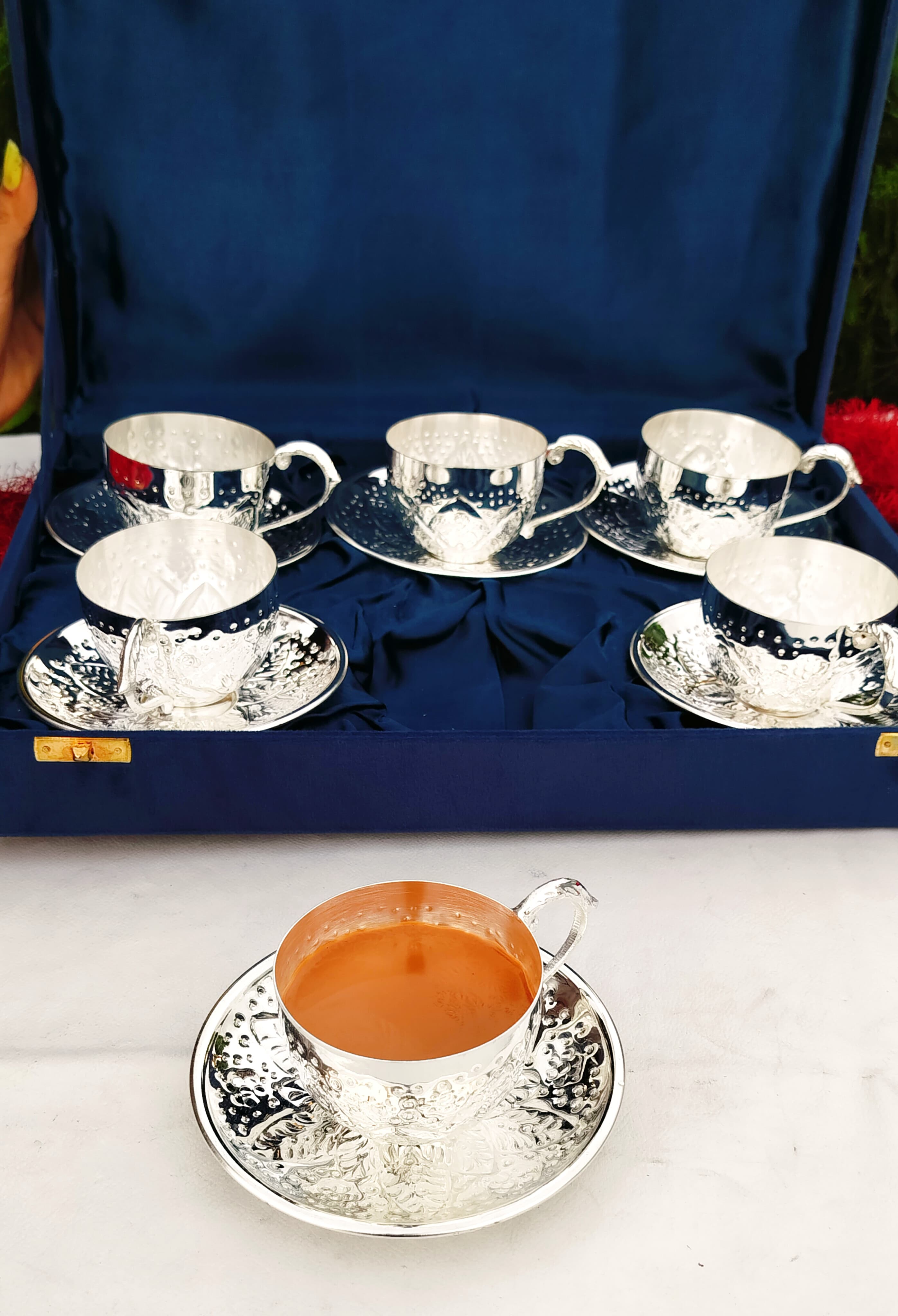 German silver Traditional nakkashi work 6 piece Tea Cup Saucer set with velvet gift box pack